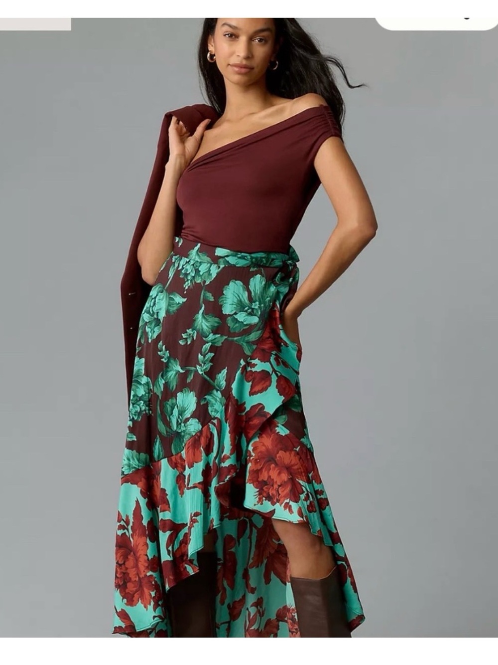 Anthropologie Teal and Burgundy Floral High-Low Skirt